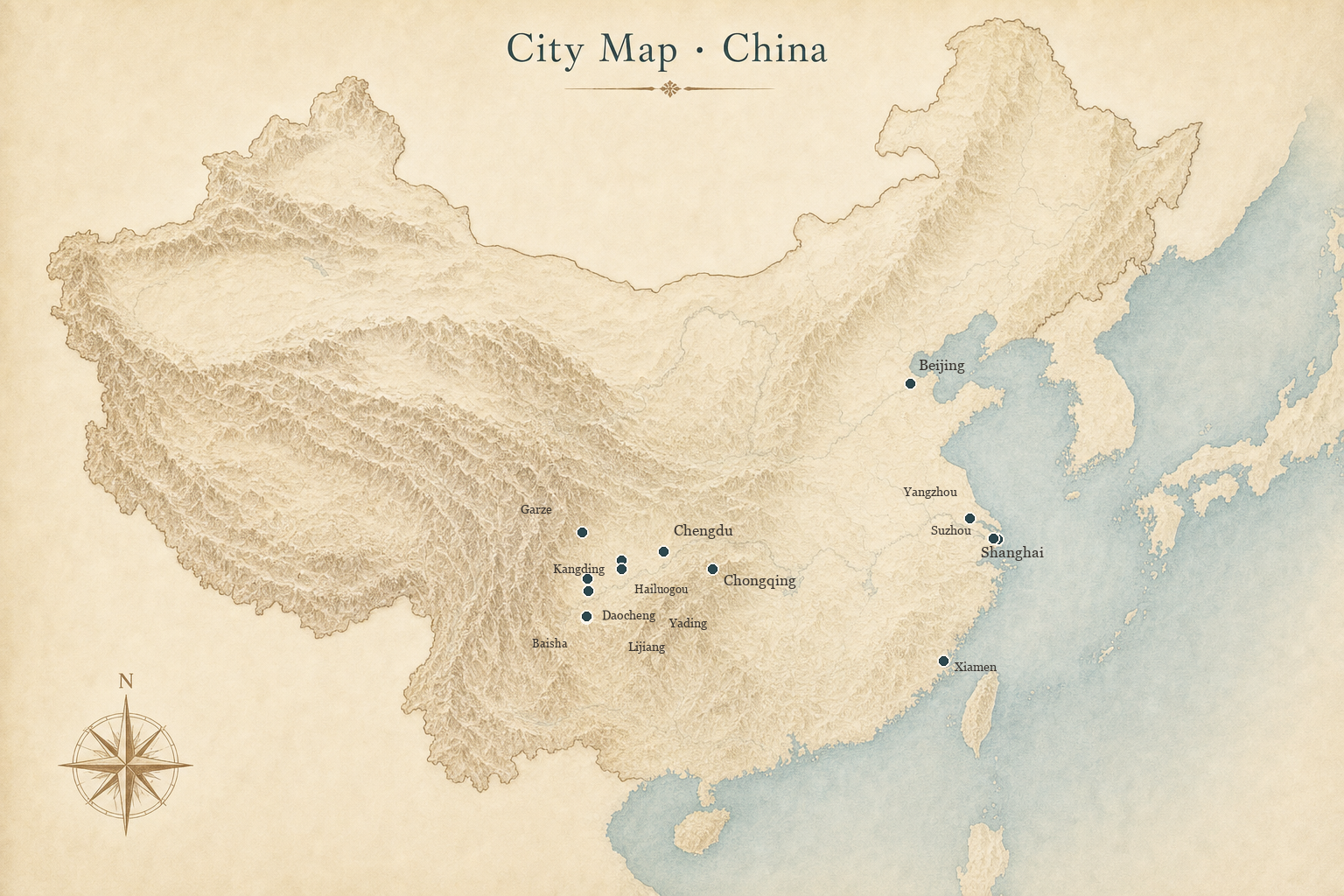 City map of China with Beijing, Shanghai, Chengdu, Western Sichuan, Jiangnan, Lijiang, and Xiamen marked